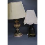 A painted and gilded wood table lamp, 41cm and a toleware flask table lamp