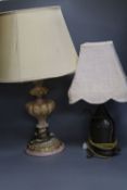 A painted and gilded wood table lamp, 41cm and a toleware flask table lamp