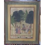 Indian School, watercolour and gouache on silk laid on card, Figures in a garden, 48 x 36cm