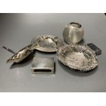 Five small silver items including a silver ashtray, pierced silver bonbon dish, silver vesta case, a