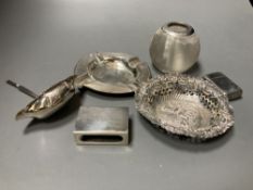 Five small silver items including a silver ashtray, pierced silver bonbon dish, silver vesta case, a