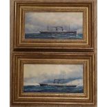 A pair of modern oils on board of American steamships, indistinctly signed, 14 x 29cm