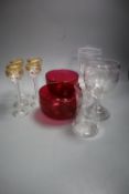 A pair of cranberry rinsers, four airtwist gilt decorated glasses, a Greek key patterned wine glass,