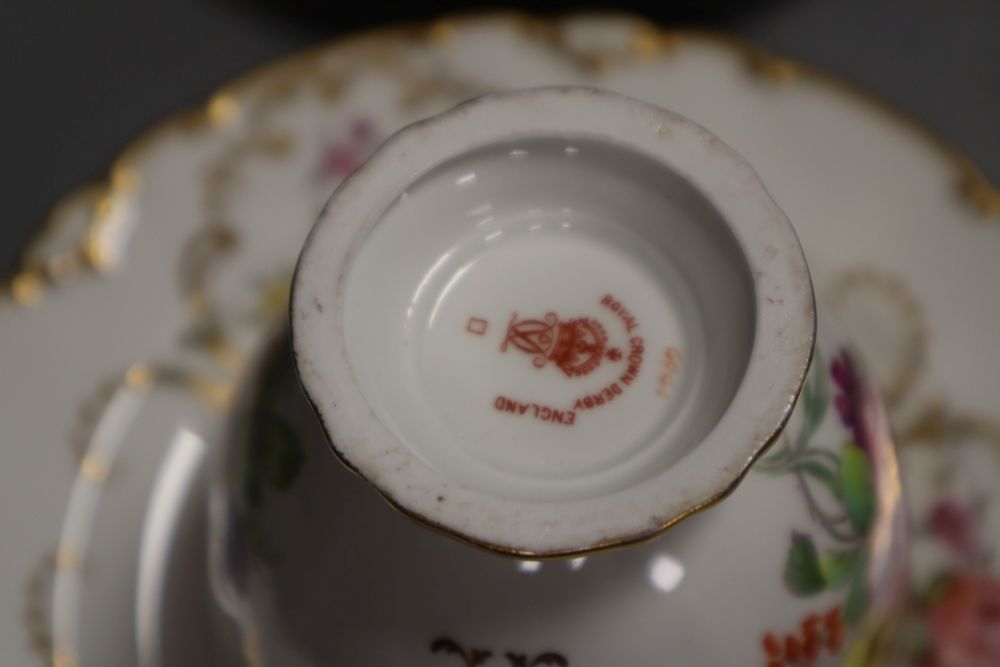 A Royal Crown Derby teacup, a saucer and a tea plate, hand painted with flowers date code 1912, a - Image 4 of 5