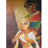Niren Sen Gupta, acrylic on canvas, 'Princess and a monk', signed, 76 x 61cm, unframed