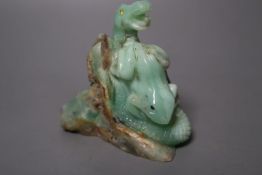 A Chinese jadeite carving of a toad and a serpent, 7.1cm high, with glass and lapis lazuli inset