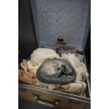 A Harrods suitcase containing 1900-40s cream chiffon and silk blouses, etc and a petit point bag