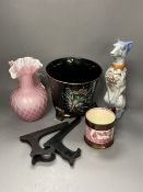 An opaline glass jug, an Edwardian jardiniere, a lustre mug and a novely whippet jug, 29cm