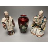 A Japanese enamel vase, 18cm and two Kutani figures of Samurai warriors