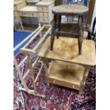 A Victorian pine two tier washstand, width 62cm, two towel rails and a provincial stool