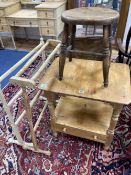 A Victorian pine two tier washstand, width 62cm, two towel rails and a provincial stool