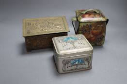 Two Jacobs biscuit tins, embossed coffer, 16cm wide and a Pomegranate design after Moorcroft and one