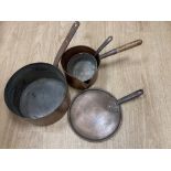 Three 19th century copper pans, one with lid, middle saucepan 27cm diameter