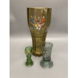 A large German historismus enamelled glass humpen, 30cm and two similar glasses