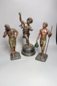 A pair of late 19th century painted bronze labourer figures after Debut, 12in., and a bronze