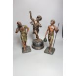 A pair of late 19th century painted bronze labourer figures after Debut, 12in., and a bronze