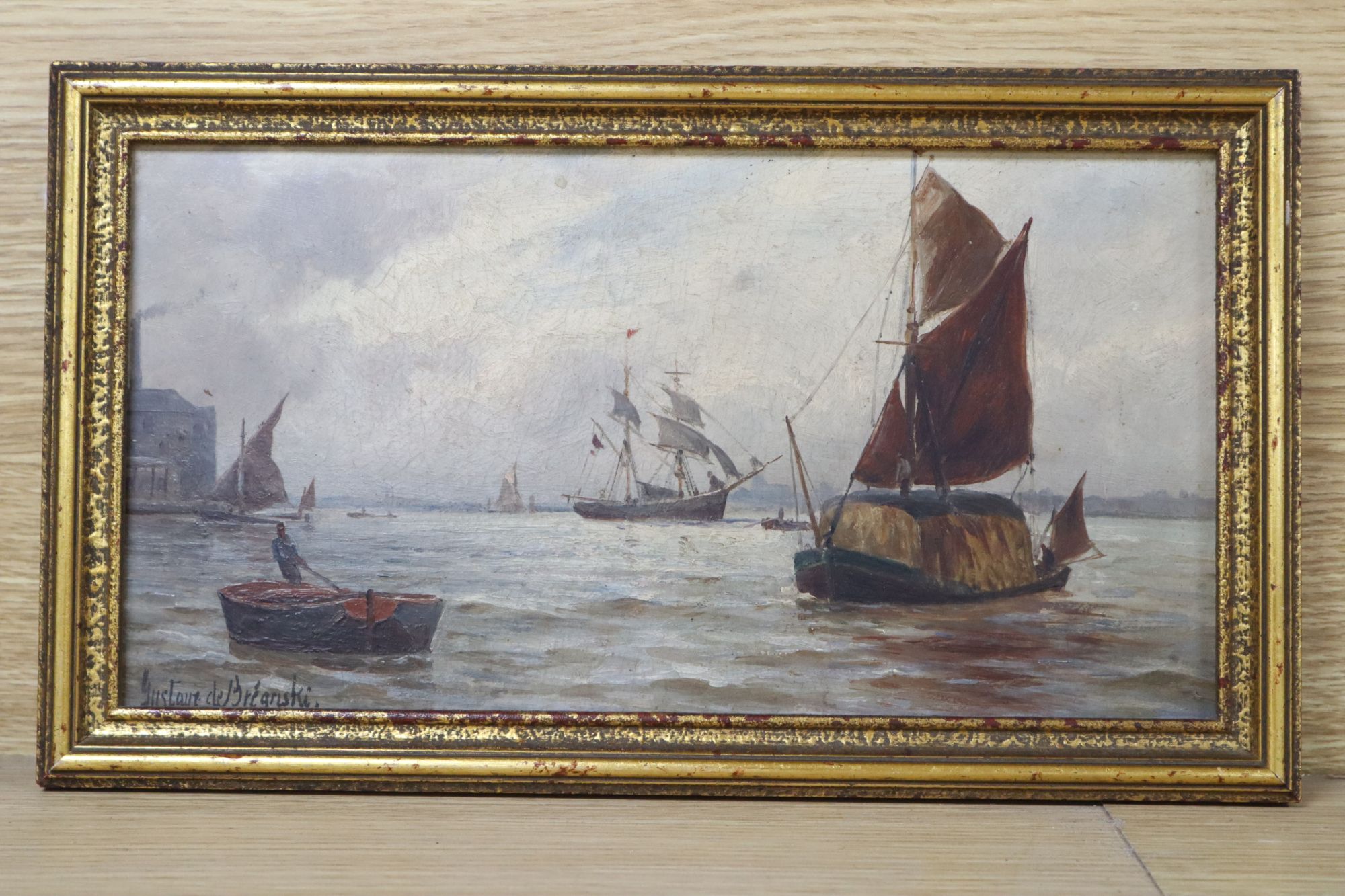 Gustav de Breanski (1856-1898), oil on board, Pool of London, signed, 15 x 29cm - Image 2 of 3
