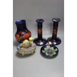 A Moorcroft bulbous vase and a pair of candlesticks, Pomegranate pattern, 18cm, a modern Moorcroft