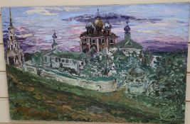 Russian School, oil on canvas, Orthodox church in a landscape, inscribed verso, 40 x 60cm, unframed