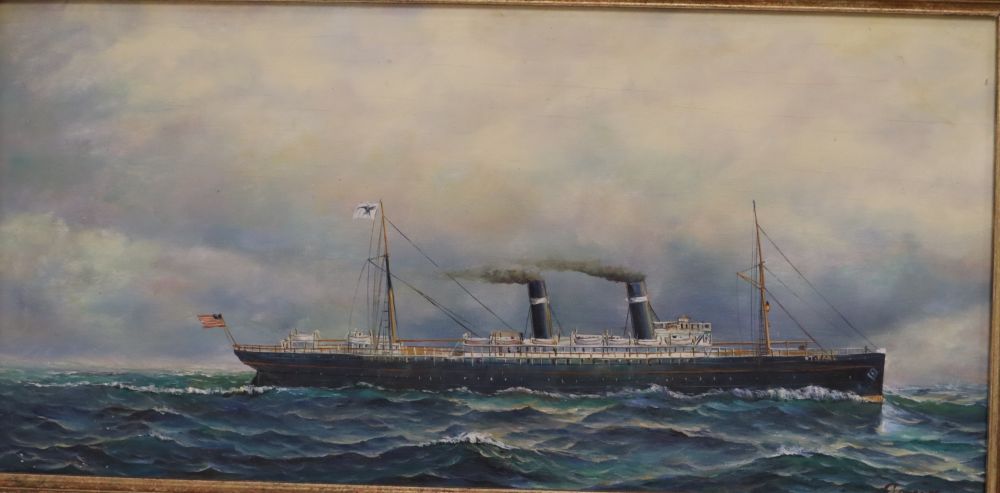 A pair of modern oils on board of American steamships, indistinctly signed, 14 x 29cm - Image 2 of 4