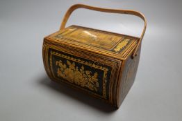 A Tunbridgeware pavilion box, with swing handle, width 16cm