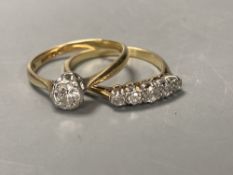 An 18ct and graduated five-stone diamond half-hoop ring, size R, gross 3 grams and an 18ct and plat.