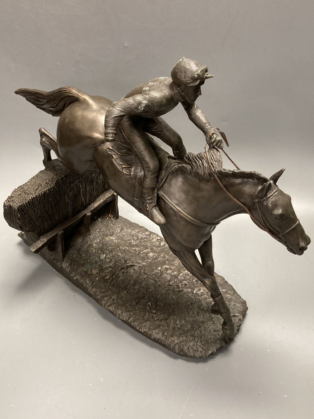 Two bronzed resin models of a steeplechasers, taking a fence, widest 35cm - Image 4 of 5