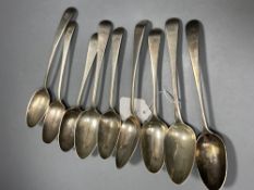 Eight assorted late 18th century silver Old English pattern tablespoons and an early 19th century