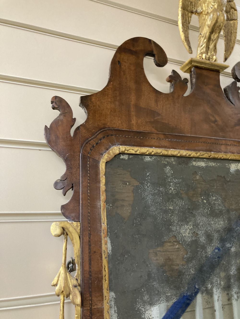 A George II parcel gilt walnut fret cut wall mirror, width 56cm height 120cm - Image 4 of 4