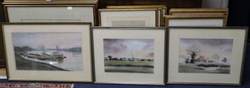 English School, pair of watercolours, Church in sunlight and Oasthouses, indistinctly signed, 25 x