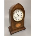 An Edwardian shell inlaid domed top mahogany mantel clock, height 23cm