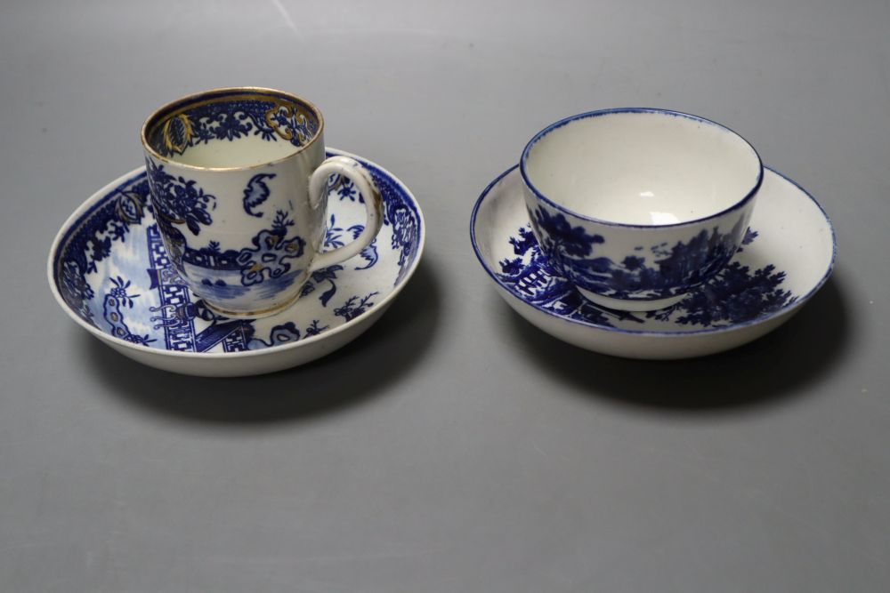 A Worcester Bat pattern coffee cup and saucer and a European Landscape teabowl and saucer