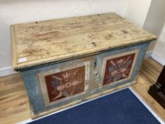 A Swiss blue / floral painted pine coffer, width 110cm depth 62cm height 56cm