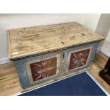 A Swiss blue / floral painted pine coffer, width 110cm depth 62cm height 56cm