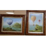 L.M., two oils on card, Ballooning scenes, initialled, 24 x 34cm and 34 x 24cm