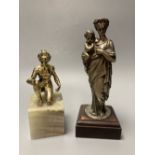 A silvered bronze figure of the Virgin and Mary, height 21cm and a similar tribal African seated