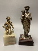 A silvered bronze figure of the Virgin and Mary, height 21cm and a similar tribal African seated