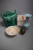 A Chinese green glazed teapot, 20.5cm high, a Cizhou type vase, a turquoise glazed vase and a