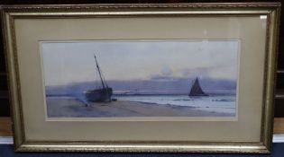 Carleton Grant RBA (1860-1930), watercolour, Fishing boats along the coast at daybreak, signed and
