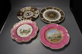 A late 19th century Wedgwood imari pattern plate, two 19th century pink bordered plates, and one