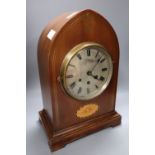 A Victorian mahogany and cut brass chiming lancet mantel clock, 6 inch silvered dial and French