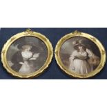 After Morland, pair of mezzotints, Portraits of ladies, ovals, 45 x 38cm, a pair of engravings after