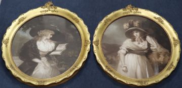 After Morland, pair of mezzotints, Portraits of ladies, ovals, 45 x 38cm, a pair of engravings after