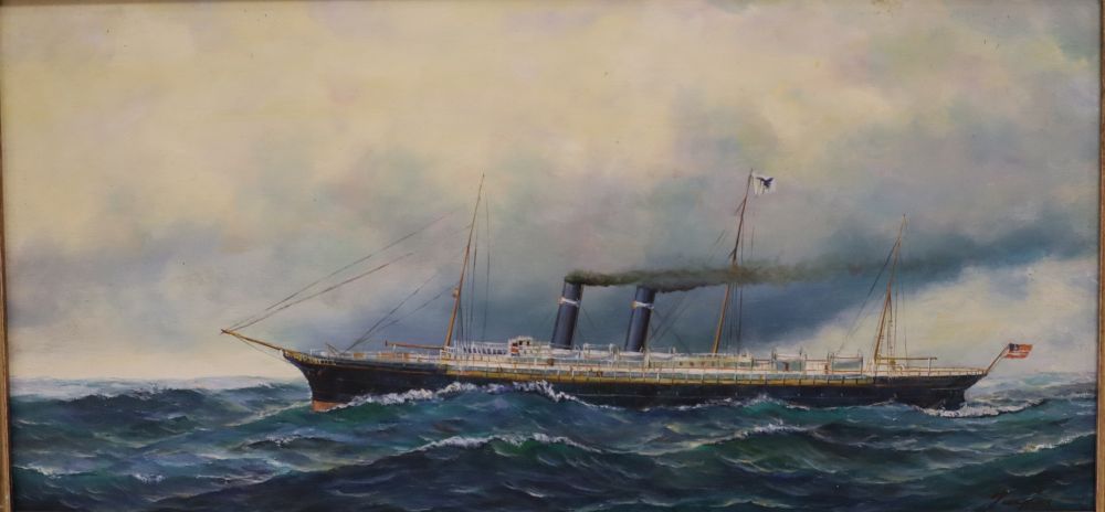 A pair of modern oils on board of American steamships, indistinctly signed, 14 x 29cm - Image 3 of 4