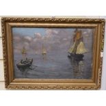 French School, oil on card, Boats on a calm sea, 23 x 35cm