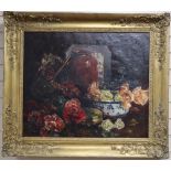 English School c.1900, oil on canvas, Table top still life with roses, 62 x 74cm