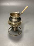 An Edwardian small silver brandy saucepan? with ivory handle, on stand with burner, Carrington & Co,