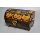 A Regency pen work and chinoiserie sewing box, with lion-mask ring handles, 18cm