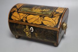 A Regency pen work and chinoiserie sewing box, with lion-mask ring handles, 18cm