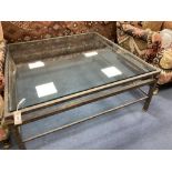 A contemporary aged metal square glass top glass coffee table, width 116cm height 47cm